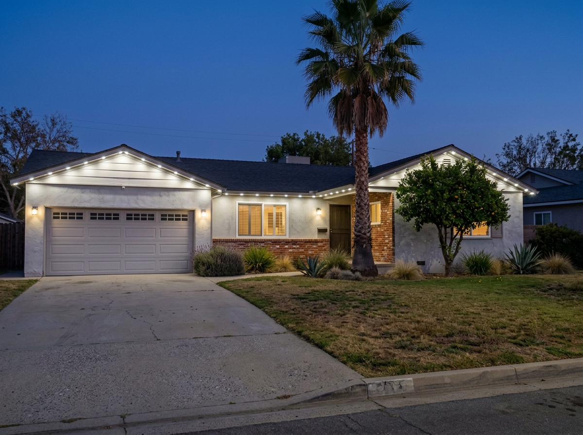 Bright white puck lights mounted directly beneath the fascia on a Riverside home