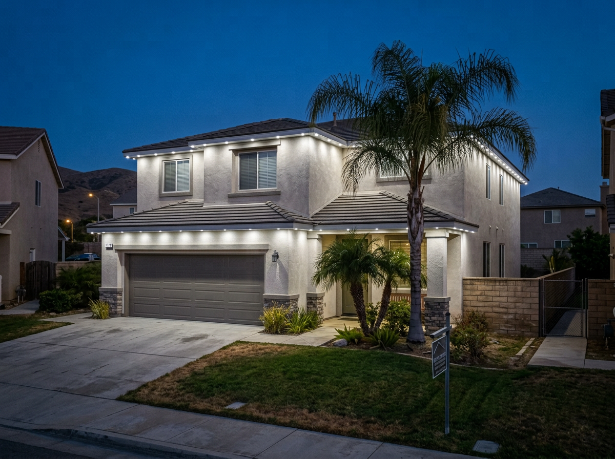 Bright white puck lights installed in aluminum track beneath the fascia on a Corona home